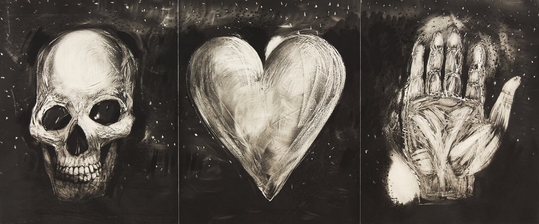 Jim Dine (American, b. 1935) The Channel, A Heart, My Hand, 1986: Jim Dine (American, b. 1935) The Channel, A Heart, My Hand, 1986 drypoint, aquatint, and powertool abrasion faintly signed, dated, numbered 4/20, and dedicated to Joel Grey, love Nancy + Jimmy in red 