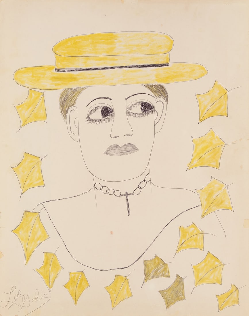 Lee Godie (American, 1908Ò1994) Untitled: Lee Godie (American, 1908Ò1994) Untitled pen and watercolor on poster sheet signed Lee Godie (lower left) 28 x 22 inches. Property from the Collection of Mrs. Bonnie Blank, Elgin, Illinois This l