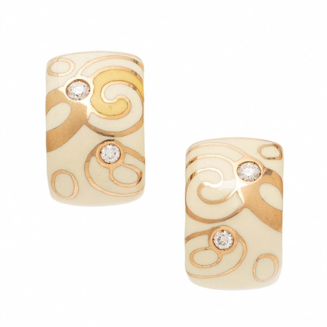 Roberto Coin, Rose Gold, Enamel, and Diamond Earrings: Roberto Coin, Rose Gold, Enamel, and Diamond Earrings Cream and yellow enamel, and round brilliant cut diamonds. 18 karat rose gold. 3/4 inch long. Stamp: (Italian maker's mark) ITALY 18K. Gross weigh