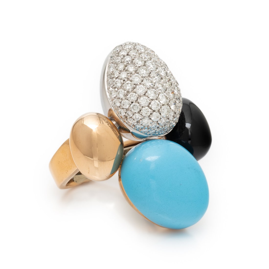 Roberto Coin, Turquoise, Onyx, and Diamond 'Ikebana' Ring: Roberto Coin, Turquoise, Onyx, and Diamond 'Ikebana' Ring Oval cabochon turquoise measuring approximately 16.20 x 12.60 x 8.35 mm, oval cabochon onyx measuring approximately 11.65 x 7.85 x 6.65 mm, an