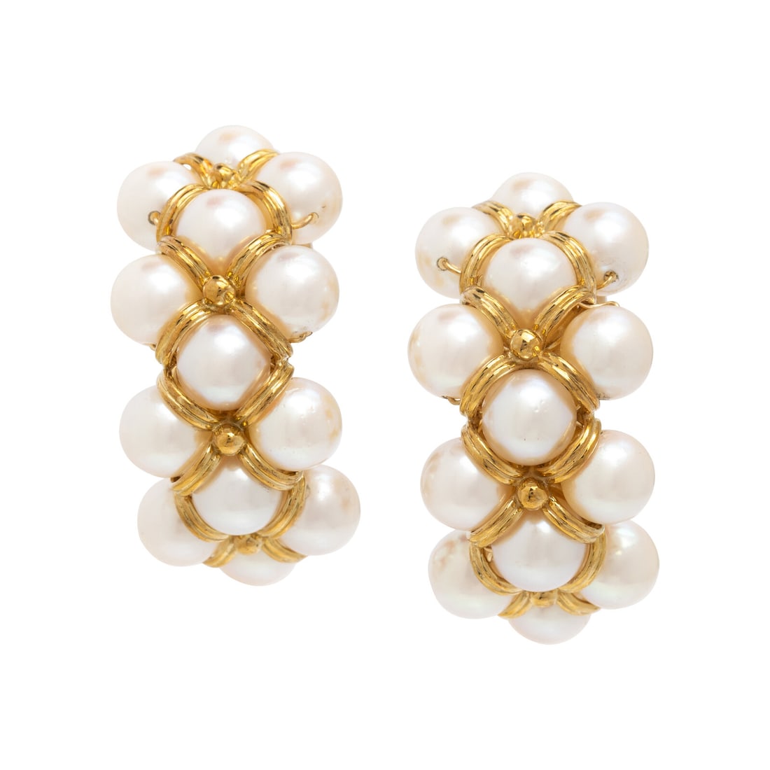 Cultured Pearl and Yellow Gold Earrings: Cultured Pearl and Yellow Gold Earrings Cultured pearls measuring approximately 6.40 - 6.60 mm. 18 karat yellow gold. 1 1/4 inches long. Stamp: 750. Gross weight: 20.50 dwt. Property from an Important