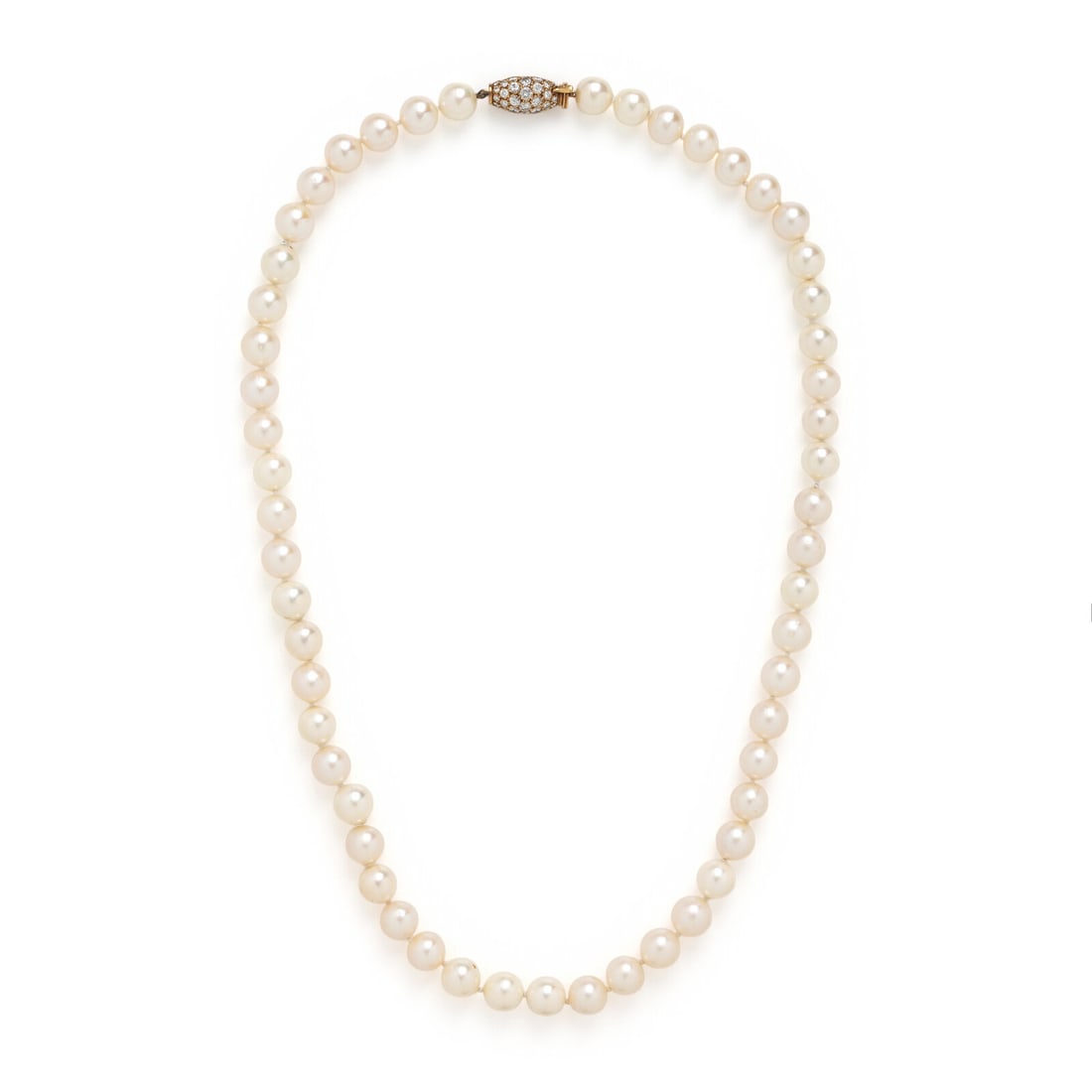 Van Cleef & Arpels, Cultured Pearl, Diamond, and Yellow Gold Necklace: Van Cleef & Arpels, Cultured Pearl, Diamond, and Yellow Gold Necklace Cultured pearls measuring approximately 9.85 - 10.15 mm, the clasp set with round brilliant cut diamonds weighing approximately 3.