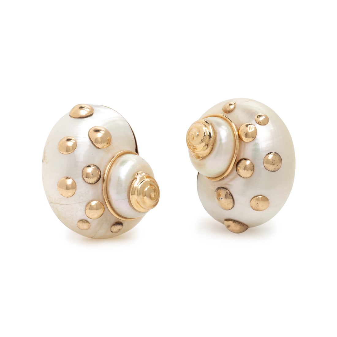 Maz, Turbo Shell and Yellow Gold Earrings: Maz, Turbo Shell and Yellow Gold Earrings Turbo shells with gold accents. 14 karat yellow gold. 1 1/4 inches long. Stamp: MAZ 14K. Gross weight: 16.20 dwt. Property of a Southern Socialite This lot is