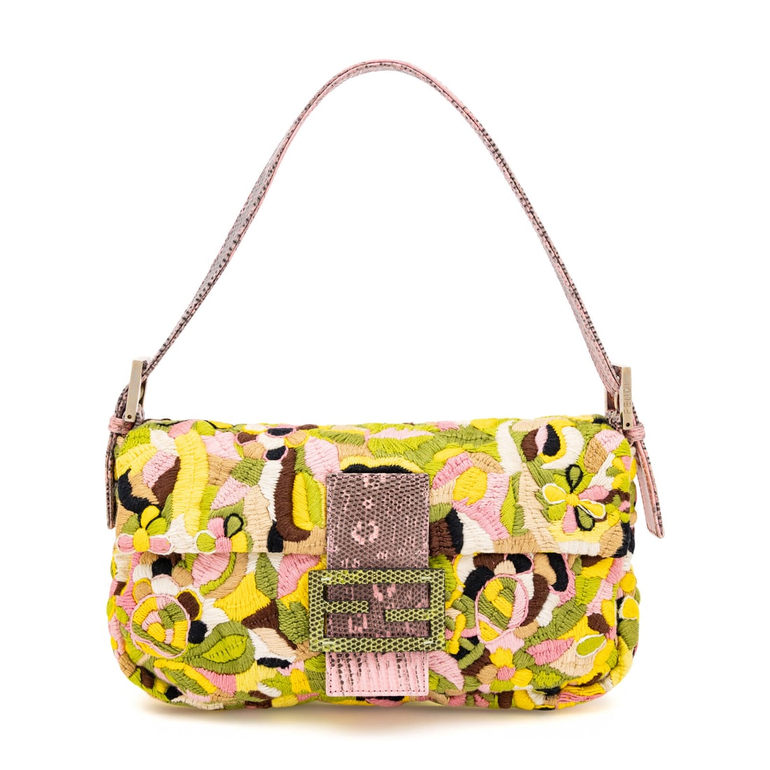 Fendi, Embroidered Baguette Bag: Fendi, Embroidered Baguette Bag Baguette bag in multicolor all-over floral embroidery with pink and green lizard skin trim. Magnetic snap closure and adjustable flat lizard skin strap. Label: Fendi St