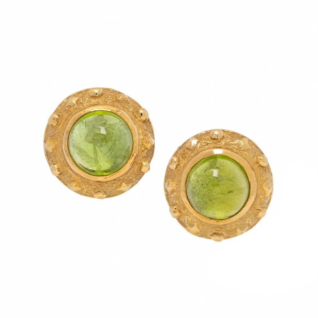 Katy Briscoe, Peridot and Yellow Gold Earrings: Katy Briscoe, Peridot and Yellow Gold Earrings Round cabochon peridot weighing approximately 19.00 carats total by formula. Textured 18 karat yellow gold. 7/8 inch long. Stamp: KATY BRISCOE 18K. Gross