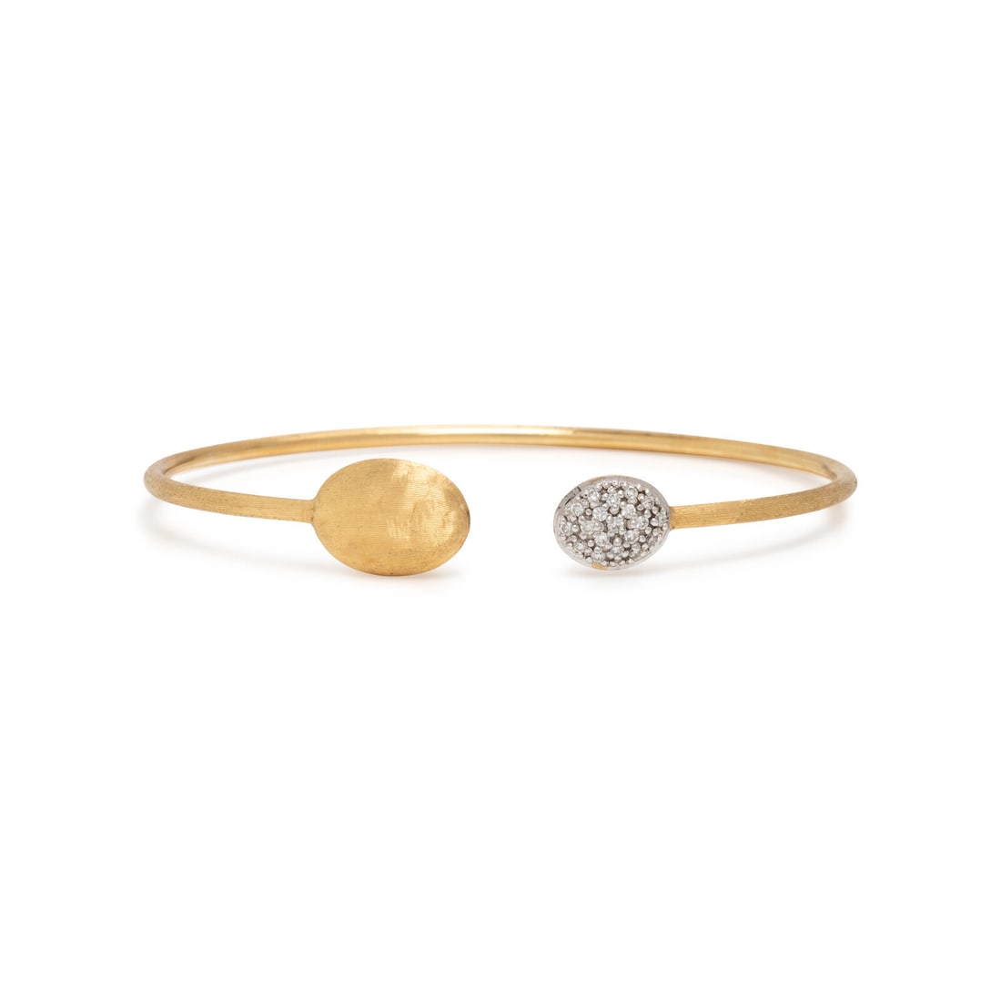 Marco Bicego, 'Siviglia', Diamond and Yellow Gold Cuff Bracelet: Marco Bicego, 'Siviglia', Diamond and Yellow Gold Cuff Bracelet Round brilliant cut diamonds weighing approximately 0.20 carat total. 18 karat textured yellow gold. 6 5/8 inches inner circumference. S