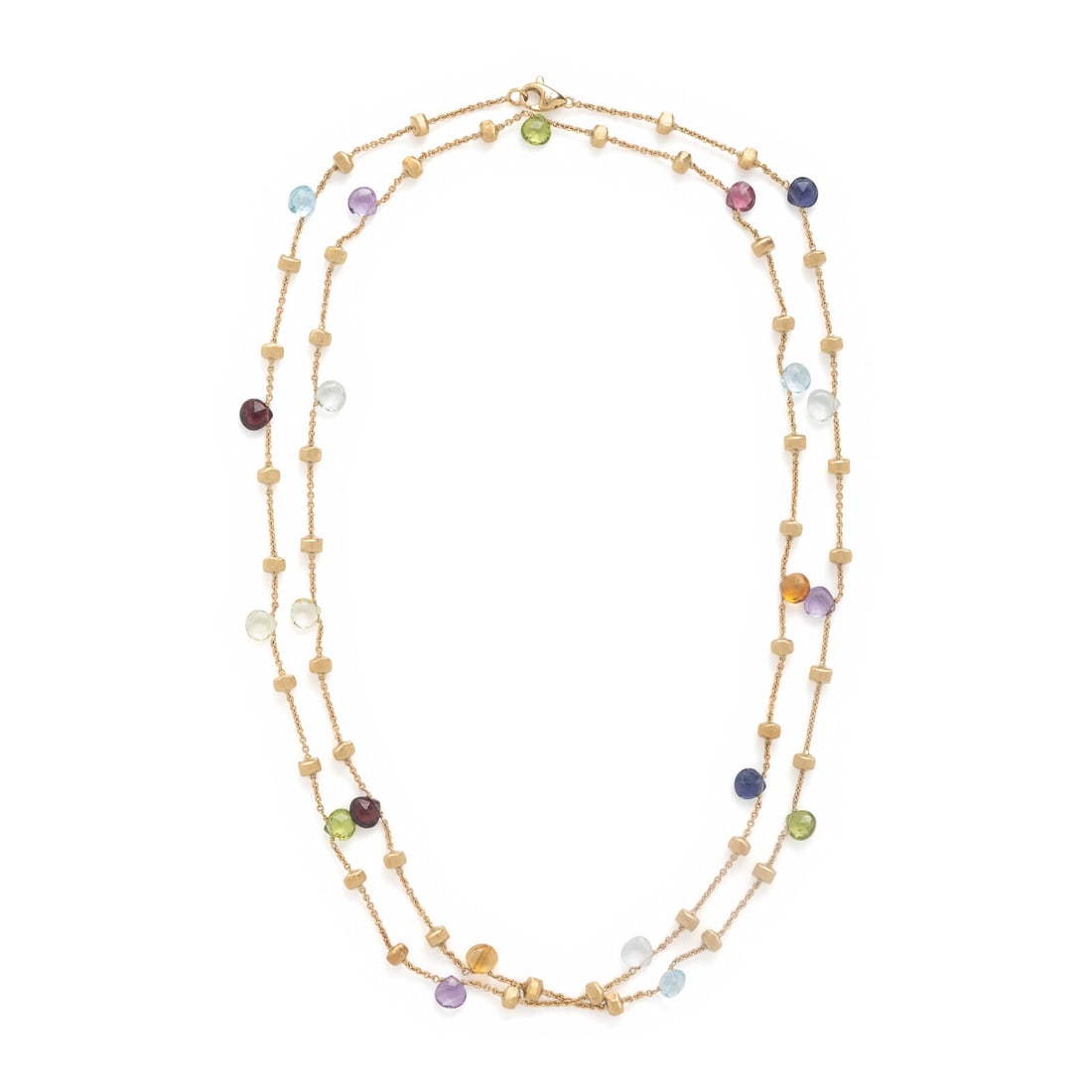 Marco Bicego, 'Paradise', Multigem and Yellow Gold Necklace: Marco Bicego, 'Paradise', Multigem and Yellow Gold Necklace Pear shape pink tourmaline, amethyst, citrine, peridot, garnet, iolite, and blue topaz beads, and textured gold beads. 18 karat yellow gold.