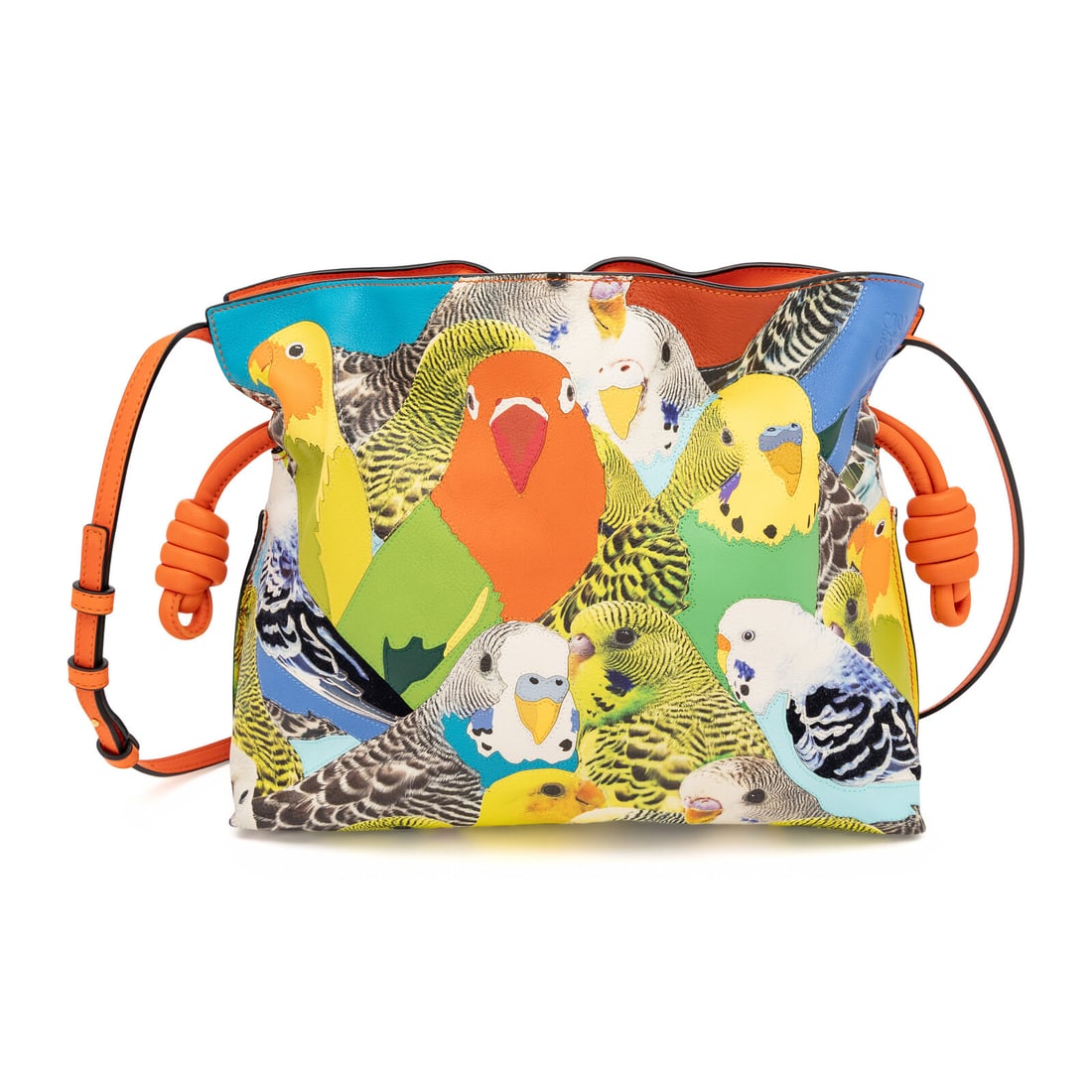 Loewe, Parakeet-Print Flamenco Bag: Loewe, Parakeet-Print Flamenco Bag Flamenco bag in parakeet-printed patchworked leather with orange leather trim. Magnetic snap closure, drawstring closure, and adjustable flat leather strap. Label: L