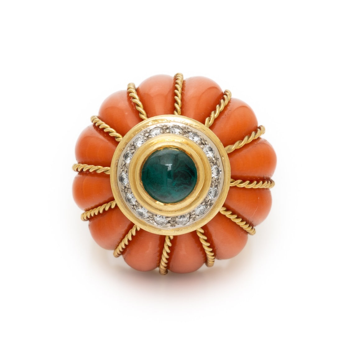 Coral, Synthetic Emerald, and Diamond Ring (1 of 4)