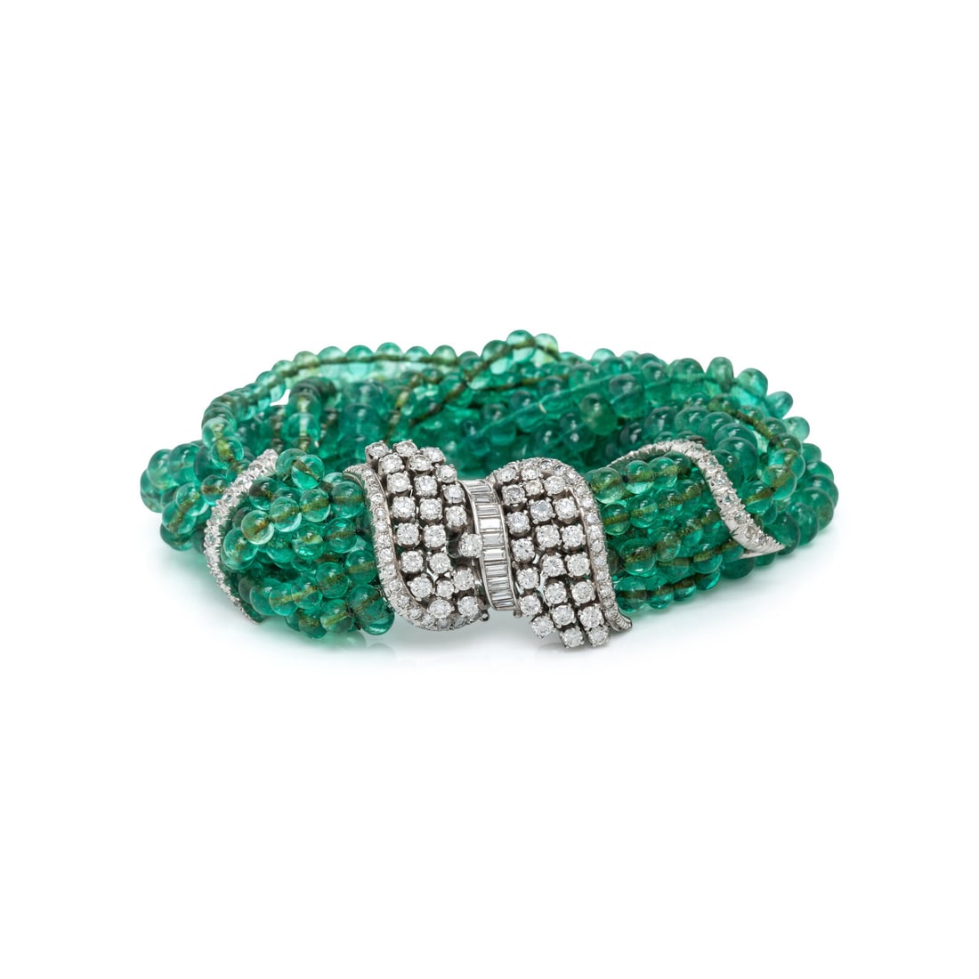 Emerald and Diamond Torsade Bracelet: Emerald and Diamond Torsade Bracelet Emerald beads measuring approximately 3.65 - 6.40 mm, and round brilliant, transitional, and baguette cut diamonds weighing approximately 2.85 carats total. White 