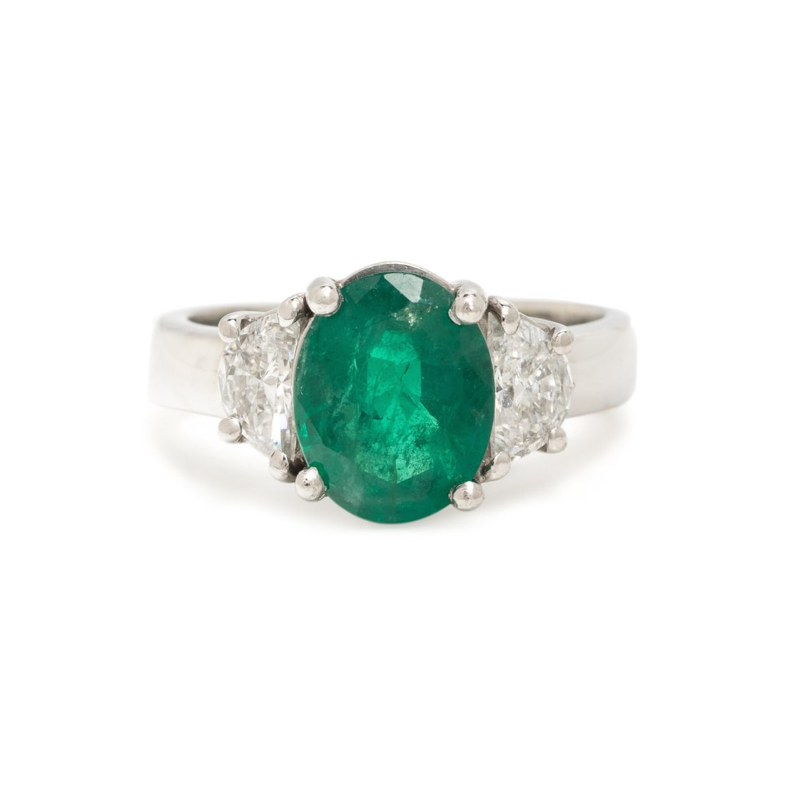 Birks, Emerald and Diamond Ring: Birks, Emerald and Diamond Ring Oval emerald weighing approximately 1.95 carats by formula and two half-moon diamonds weighing approximately 0.75 carat total. Platinum. Ring size 6 1/2. Stamp: BIRKS P