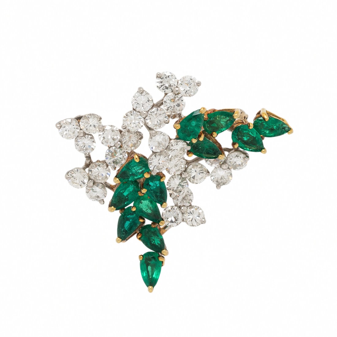 Emerald and Diamond Brooch: Emerald and Diamond Brooch Pear shape emeralds and round brilliant cut diamonds weighing approximately 2.20 carats total. Yellow gold and platinum. 7/8 x 1 1/4 inches. Gross weight: 3.65 dwt. Property