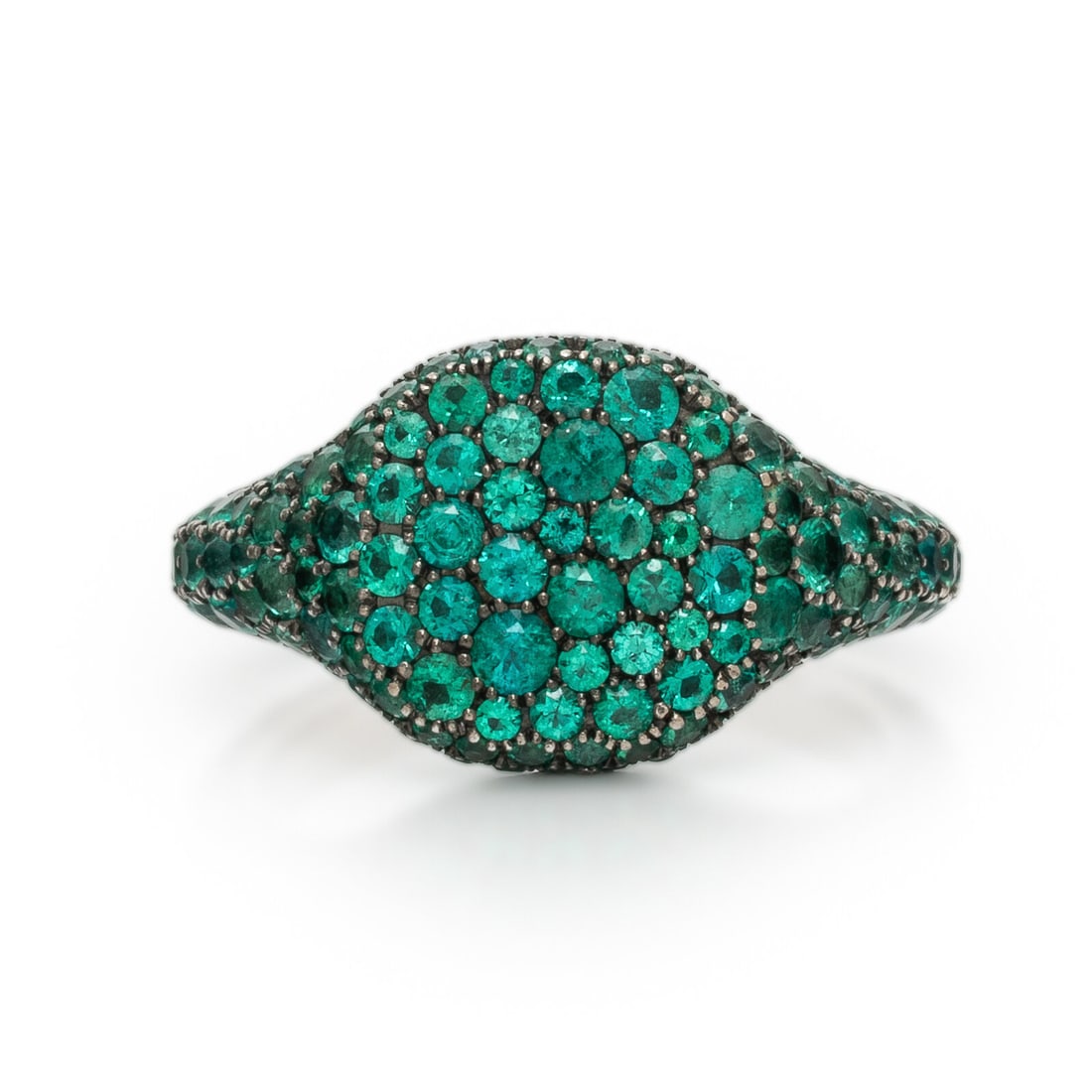 David Yurman, 'Petite Pavé', Emerald and Blackened Gold Ring: David Yurman, 'Petite Pavé', Emerald and Blackened Gold Ring PavÈ-set round emeralds. 18 karat white and blackened gold. Ring size 3 1/2. Stamp: DY 750. Gross weight: 3.30 dwt. Property from a Naple