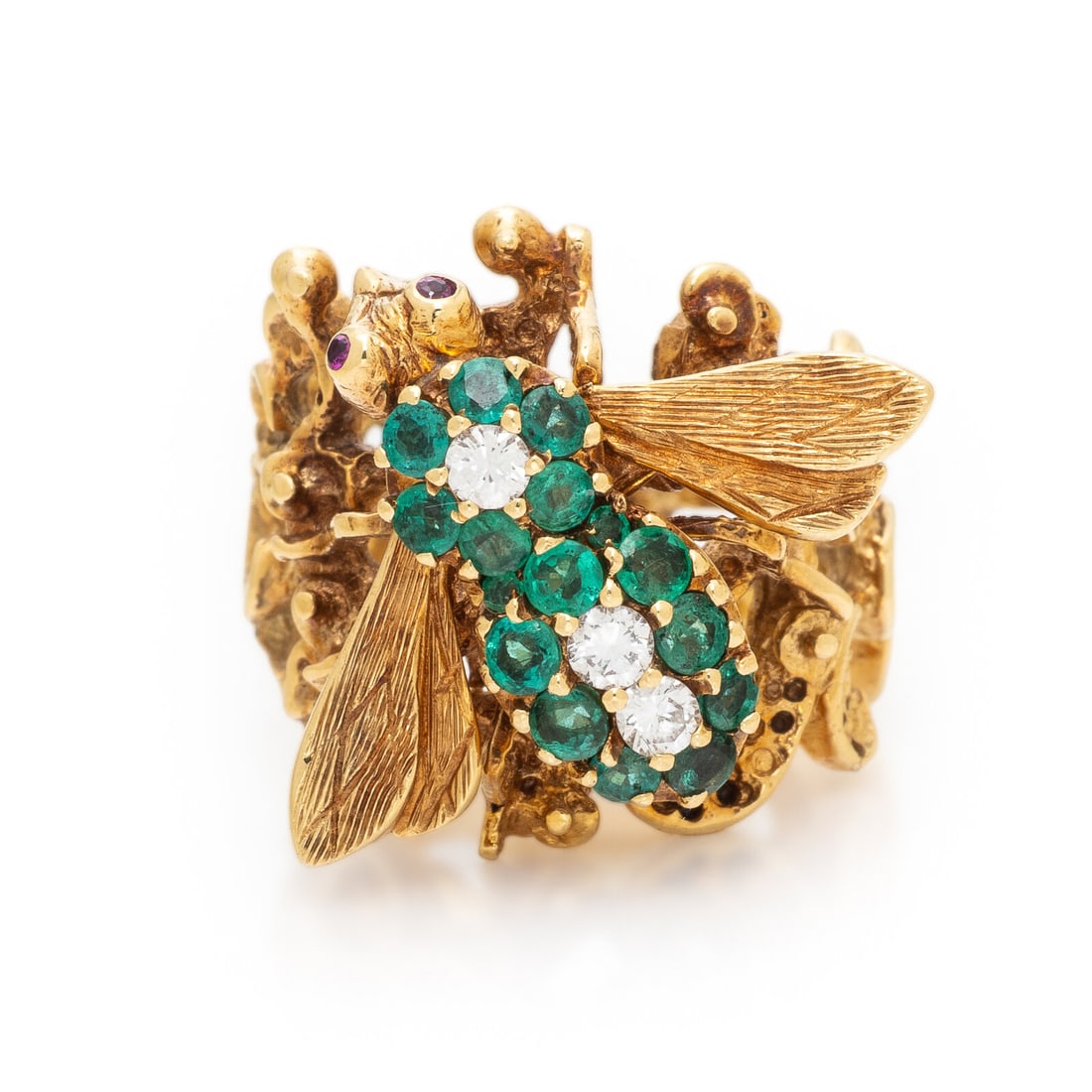 Emerald, Diamond, and Yellow Gold Bee Ring: Emerald, Diamond, and Yellow Gold Bee Ring Round emeralds, round brilliant cut diamonds, and round ruby eyes. 18 karat yellow gold. Ring size 5 3/4. Stamp: (partially obscured) 750. Gross weight: 7.80