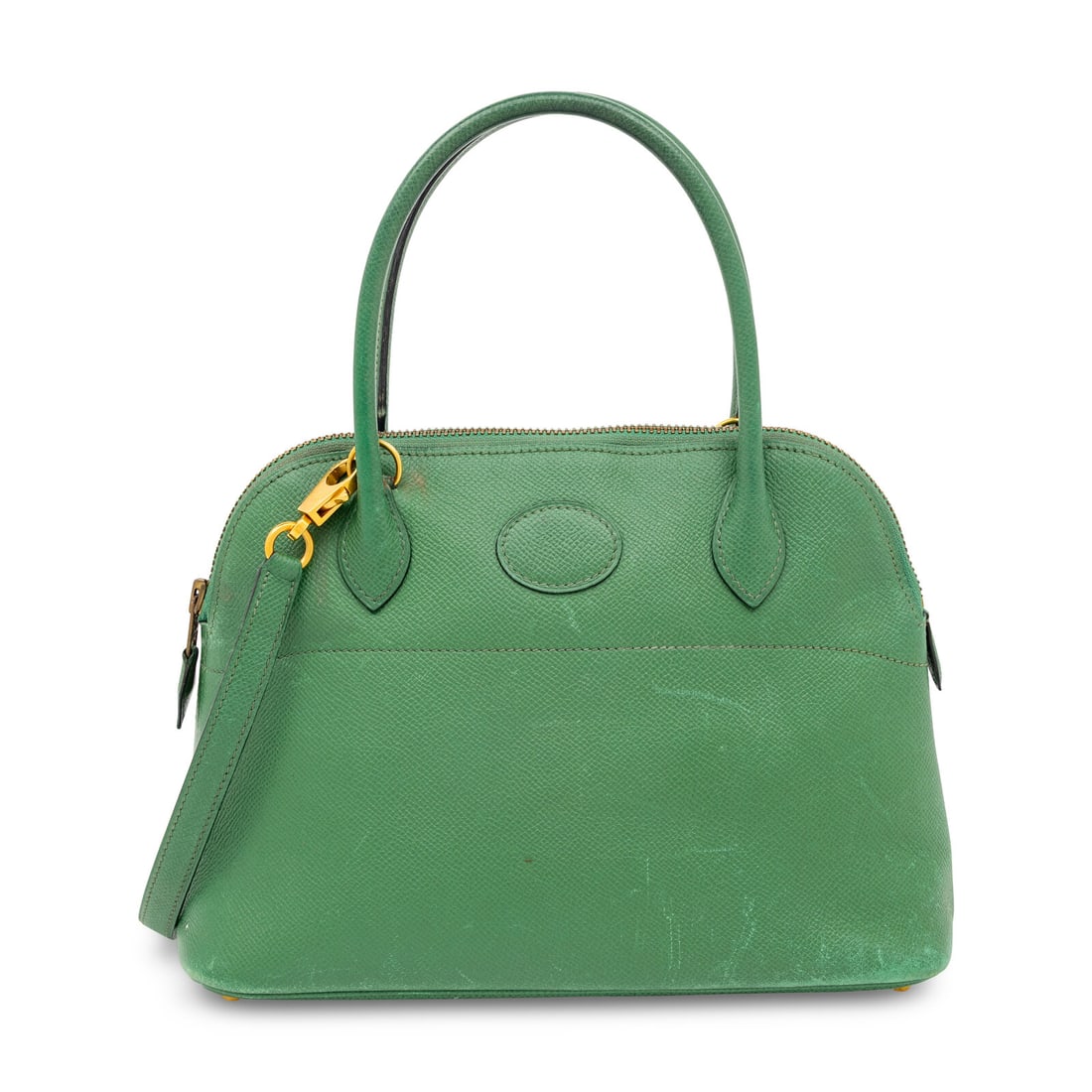 Hermès, Bolide 27 in Green Epsom: Hermès, Bolide 27 in Green Epsom Bolide 27 bag in green Epsom leather with gold-plated hardware. Zipper closure, rolled leather handles, and flat removable leather shoulder strap. Label: Hermès Styl