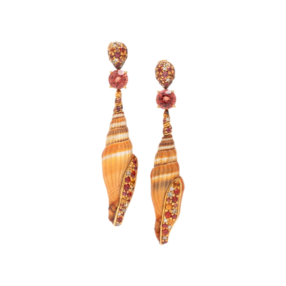 John Hardy, 'Cinta', Shell, Multigem, and Yellow Gold Earrings: John Hardy, 'Cinta', Shell, Multigem, and Yellow Gold Earrings Vexillum shells, round spinel, round orange and yellow sapphires, and round brilliant cut diamonds. 18 karat yellow gold. 2 7/8 inches lo