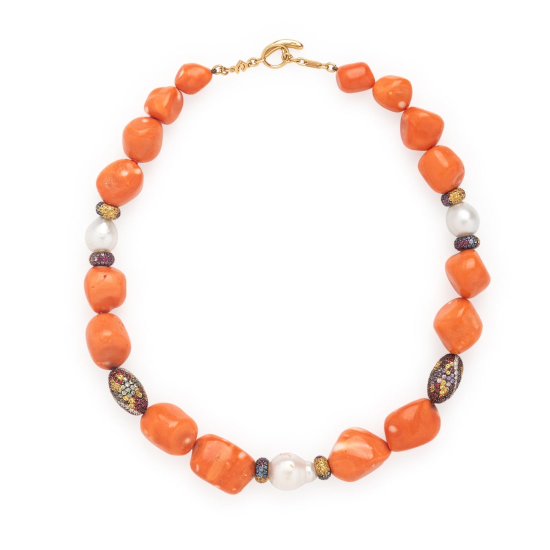 Valente Milano, Coral, Cultured Pearl, and Multigem Necklace: Valente Milano, Coral, Cultured Pearl, and Multigem Necklace Tumbled coral, round and baroque cultured pearls, and beads set with round brilliant cut diamonds, round rubies, and round pink, yellow, pu