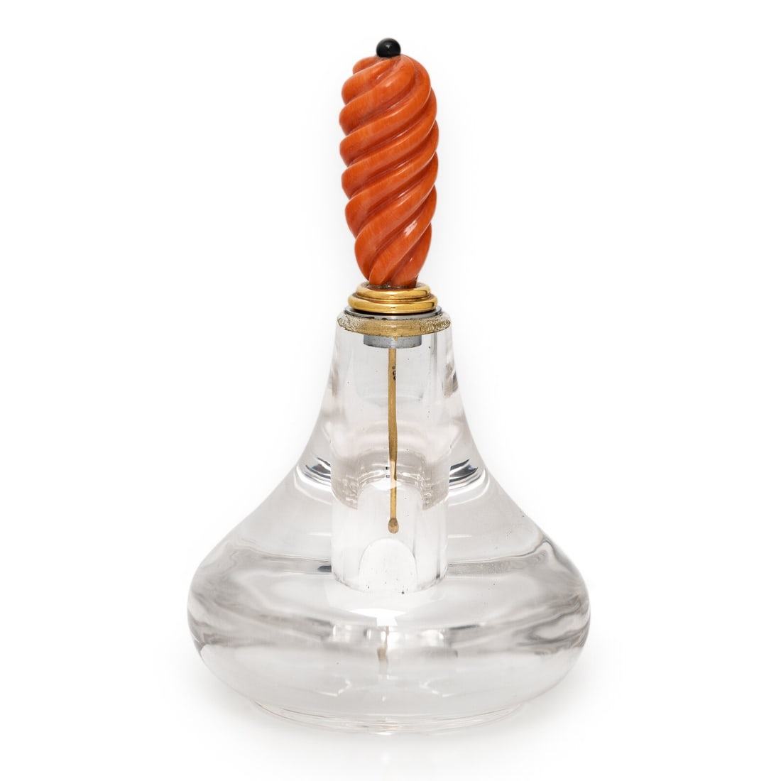 Manfred Wild for the Emil Becker Studio, Rock Crystal, Coral, and Yellow Gold Perfume Bottle: Manfred Wild for the Emil Becker Studio, Rock Crystal, Coral, and Yellow Gold Perfume Bottle Carved rock crystal vessel, with a stopper set with carved coral and a round cabochon onyx. 18 karat yellow