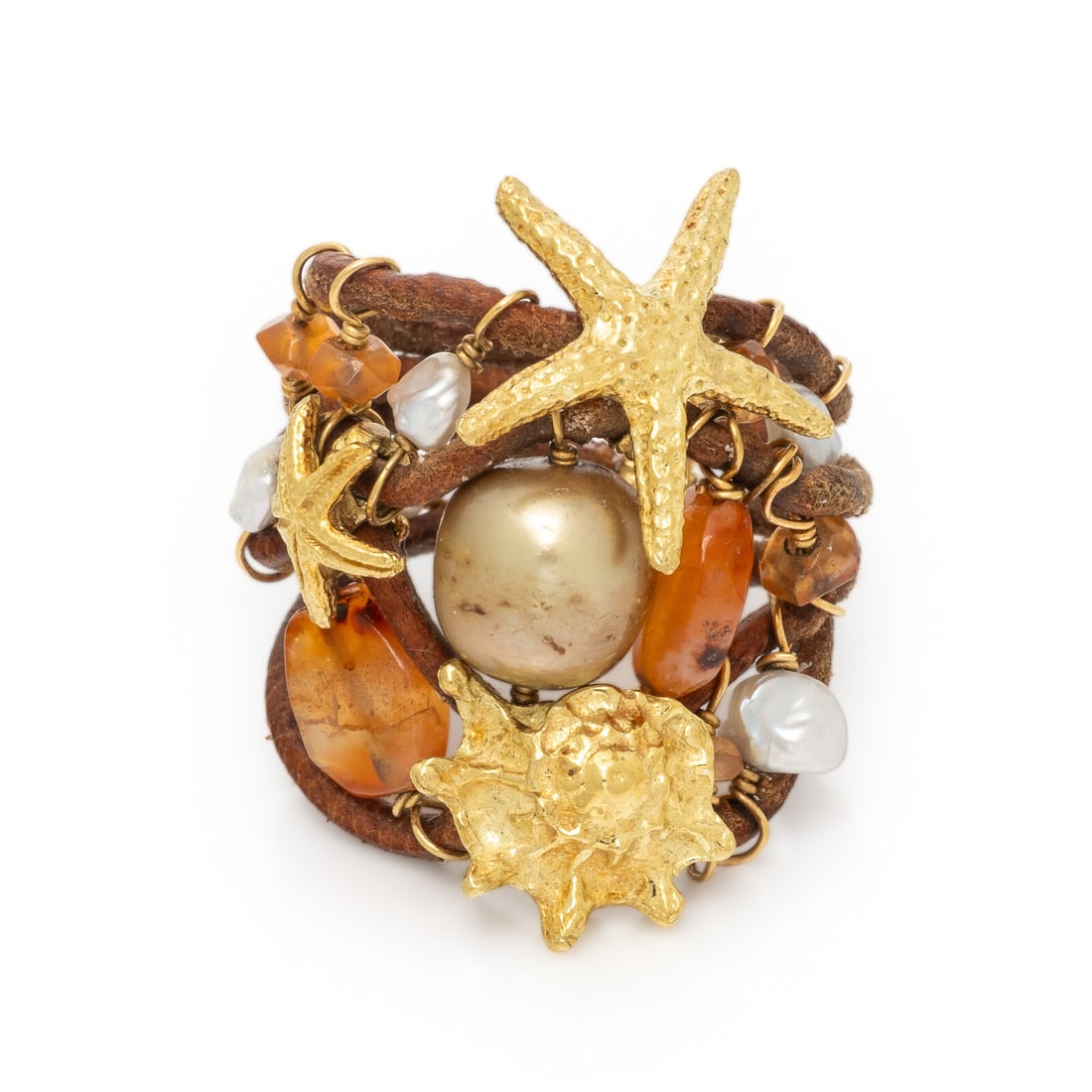 Multigem, Leather, and Yellow Gold Aquatic Ring: Multigem, Leather, and Yellow Gold Aquatic Ring Seed pearls, oval and round hardstone beads, and one cultured golden pearl (origin of color not tested). Leather and 18 karat yellow gold. Ring size 10 