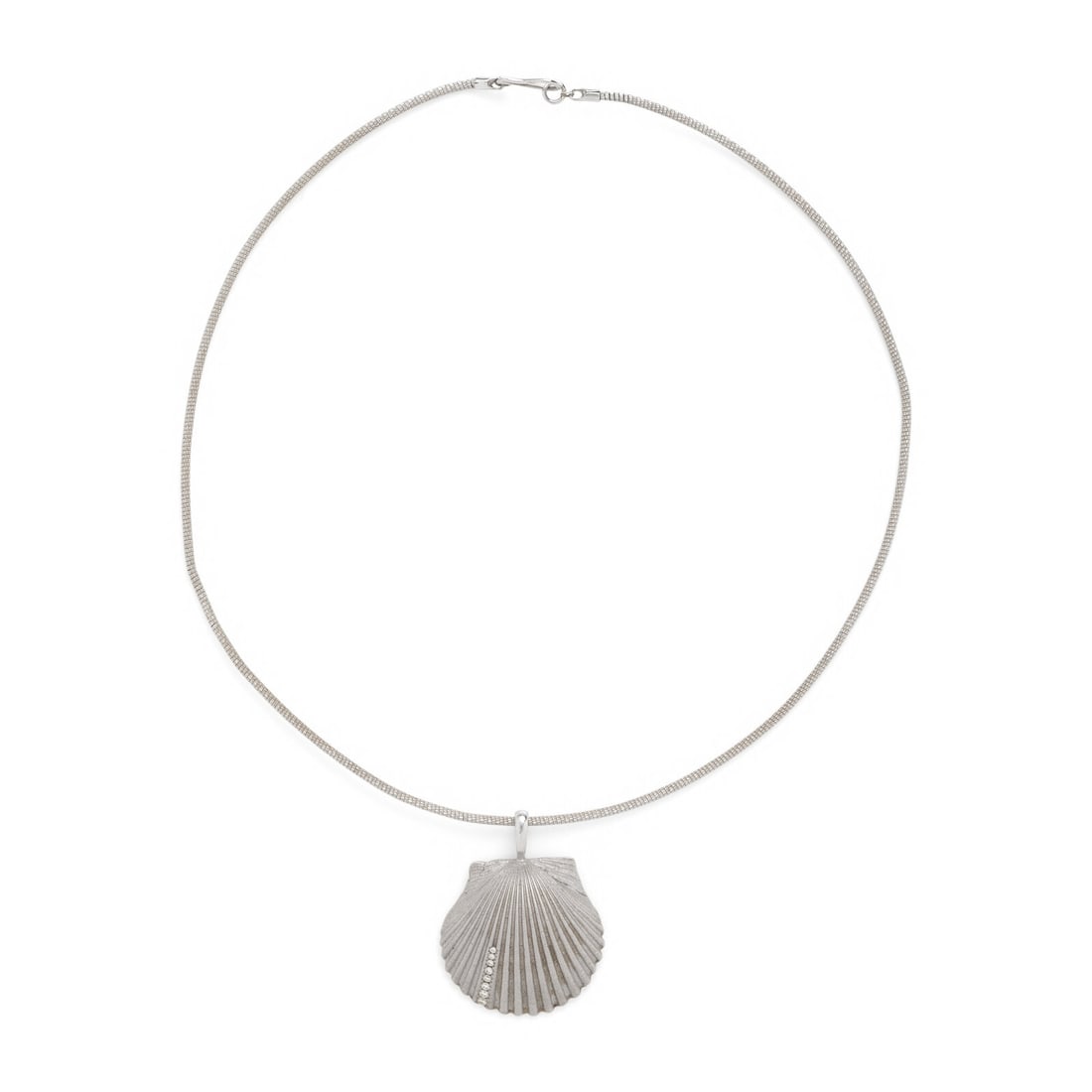White Gold and Diamond Shell Pendant Necklace: White Gold and Diamond Shell Pendant Necklace Round brilliant cut diamonds. 14 and 18 karat white gold. Pendant: 1 3/8 inches long. Chain: 15 3/4 inches long. Pendant stamp: WP 14K. Chain stamp: 750 (