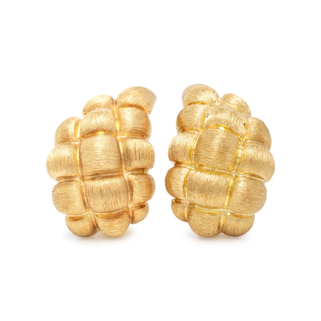 Henry Dunay, Woven Yellow Gold Earrings: Henry Dunay, Woven Yellow Gold Earrings 'Sabi' finish 18 karat yellow gold. 1 1/8 inches long. Stamp: Dunay 18K B5574 750 (Henry Dunay maker's mark). Gross weight: 14.70 dwt. Property from an Importan