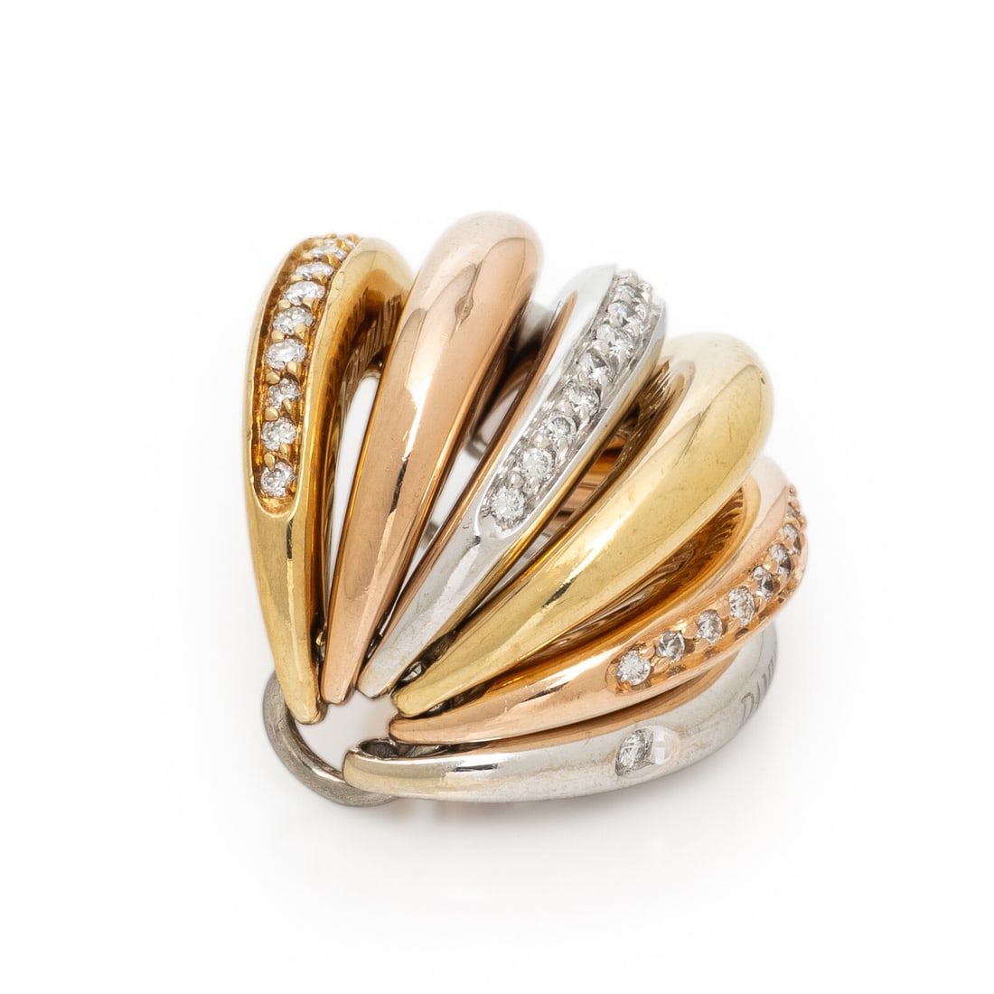 Damiani, 'Gaia' Tricolor Gold and Diamond Ring: Damiani, 'Gaia' Tricolor Gold and Diamond Ring With six bands that can be flipped and stacked in different patterns, set with round brilliant cut diamonds weighing approximately 0.35 carat total. 18 k