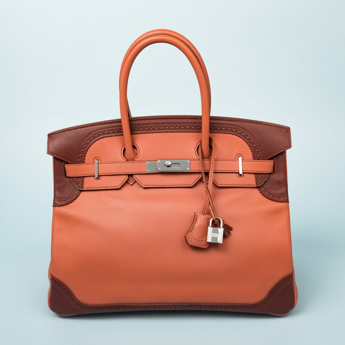 Hermès, Limited Edition Ghillies Birkin 35 in Rosy & Rouge H Swift: Hermès, Limited Edition Ghillies Birkin 35 in Rosy & Rouge H Swift Limited Edition Ghillies Birkin 35 bag in Rosy and Rouge H Swift leathers with palladium-plated hardware. Label: Hermès Code: P in 