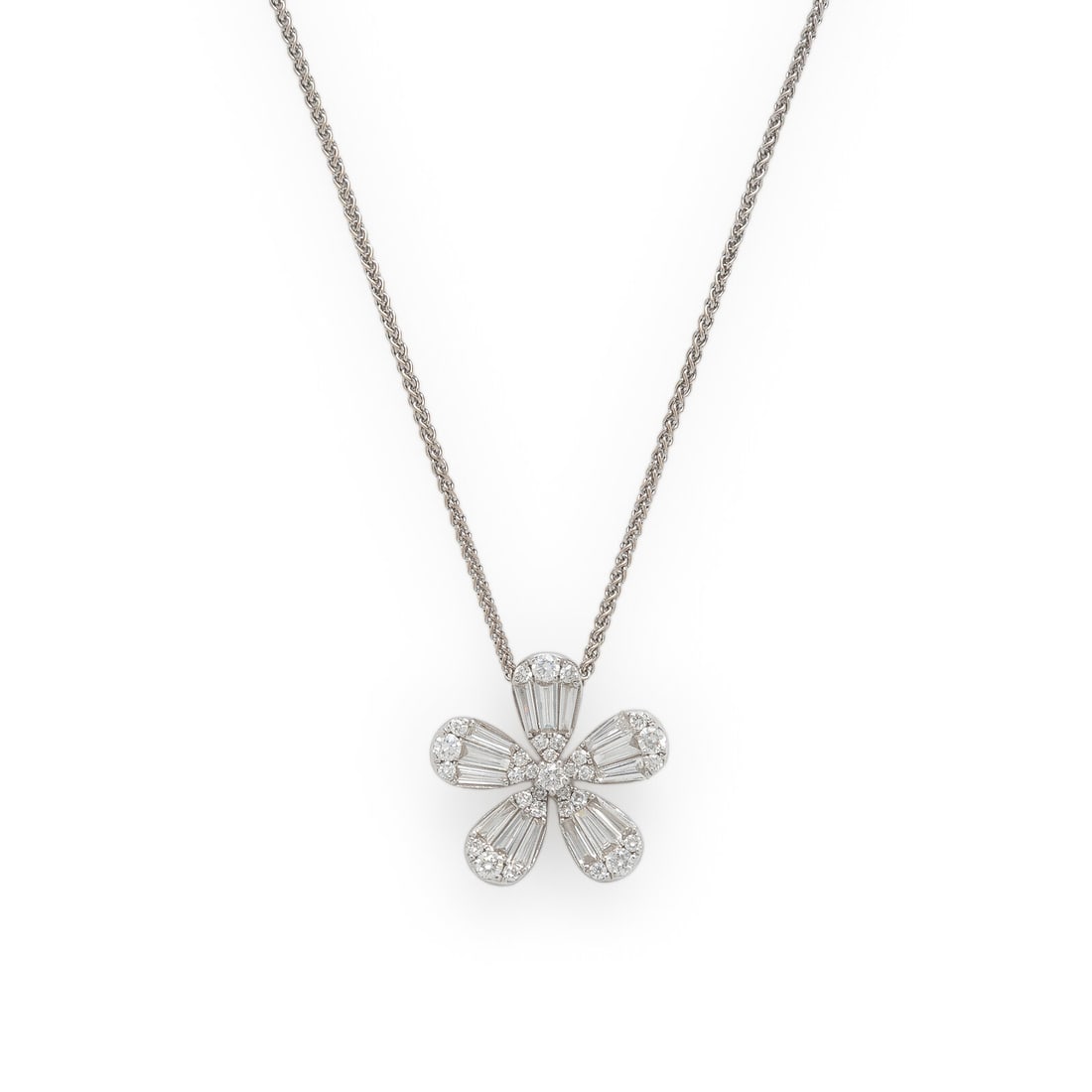 Diamond and White Gold Flower Necklace: Diamond and White Gold Flower Necklace Tapered baguette and round brilliant cut diamonds weighing approximately 0.80 carat total. 18 and 14 karat white gold. 15 inches long. Pendant stamp: 750. Chain 