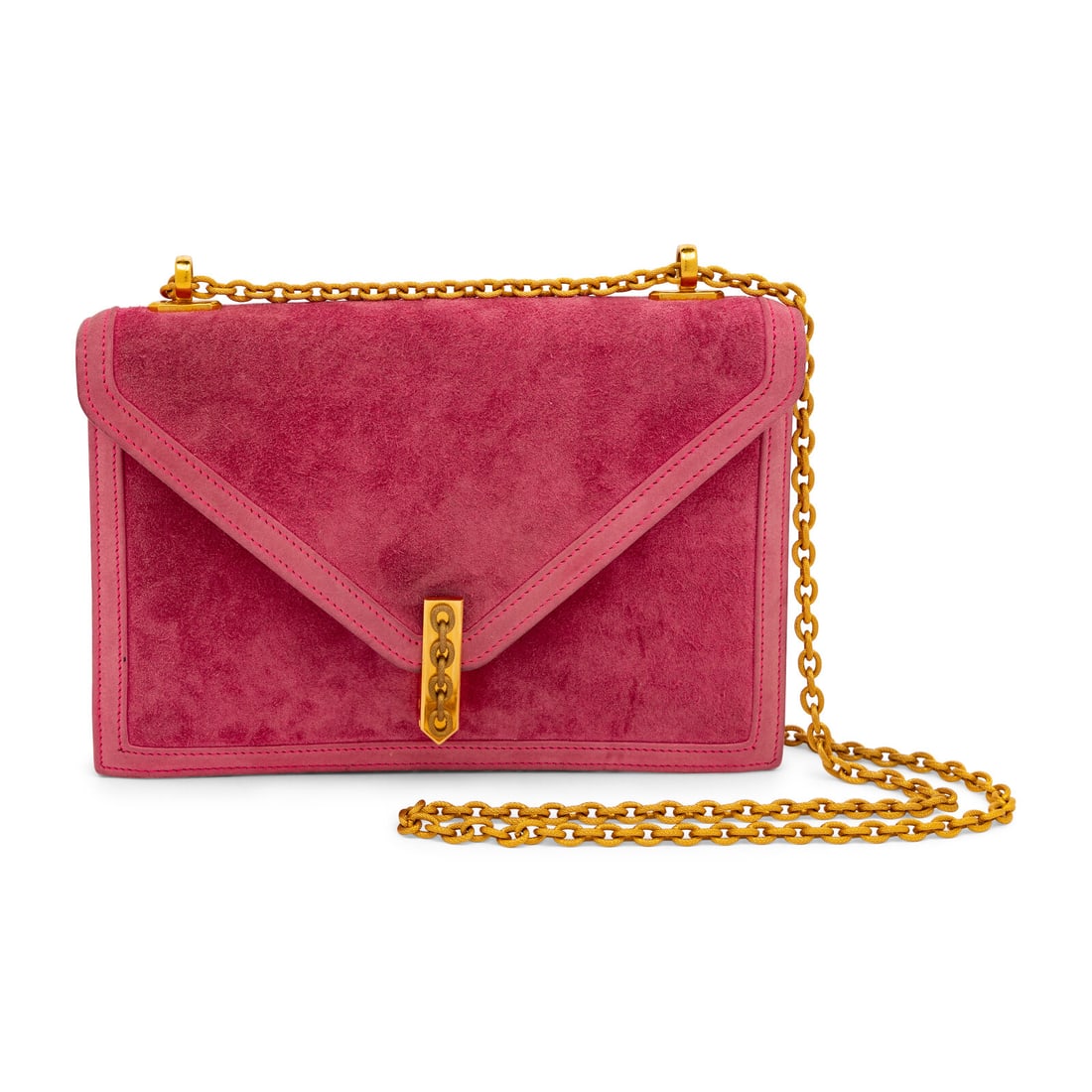 Hermès, Alcazar Bag in Pink Doblis Suede, 1986: Hermès, Alcazar Bag in Pink Doblis Suede, 1986 Alcazar shoulder bag in pink Doblis suede with sueded leather trim and gold-plated hardware. Latch closure to flap and metal chain straps. Label: Hermè