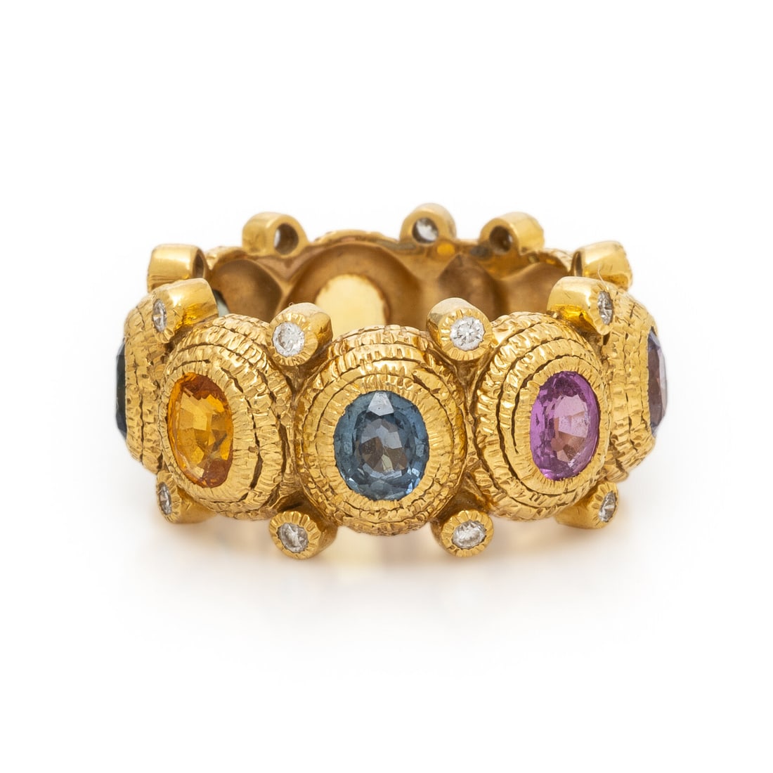 Multicolor Sapphire, Diamond, and Yellow Gold Ring: Multicolor Sapphire, Diamond, and Yellow Gold Ring Variously colored oval sapphires including blue, orange, pink, yellow, and green, and round brilliant cut diamonds weighing approximately 0.25 carat 