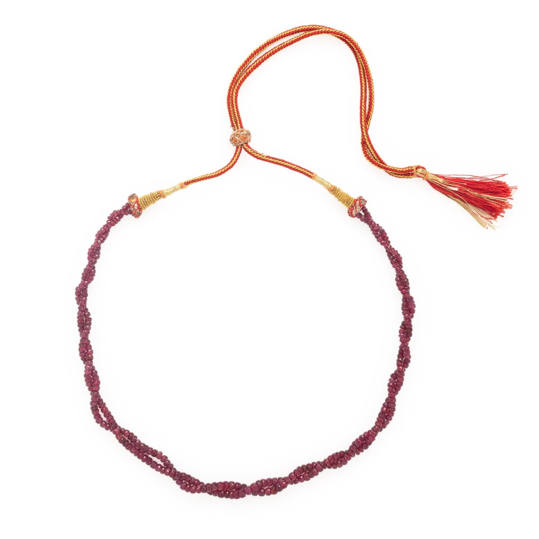 Mughal-Style Composite Ruby Bead Slide Necklace: Mughal-Style Composite Ruby Bead Slide Necklace Faceted composite ruby beads measuring approximately 3.25 - 4.25 mm. Red and gold colored thread, and low-karat yellow gold wire. 19 - 32 1/2 inches lon
