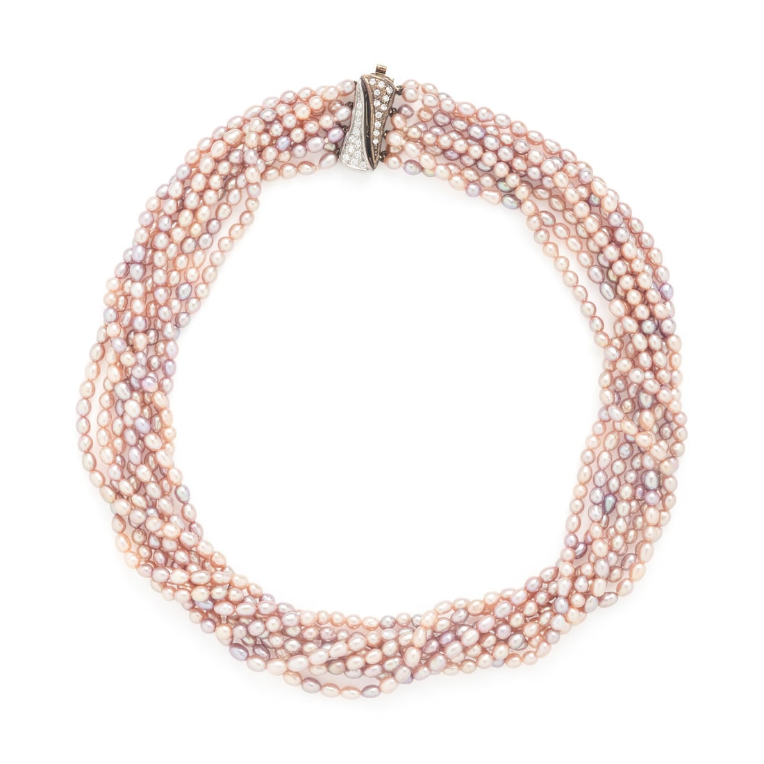 Pink Cultured Pearl, Diamond, and White Gold Torsade Necklace: Pink Cultured Pearl, Diamond, and White Gold Torsade Necklace Pink cultured pearls measuring approximately 3.50 x 3.45 - 4.85 x 3.80 mm (origin of color not tested), the clasp set with round brilliant