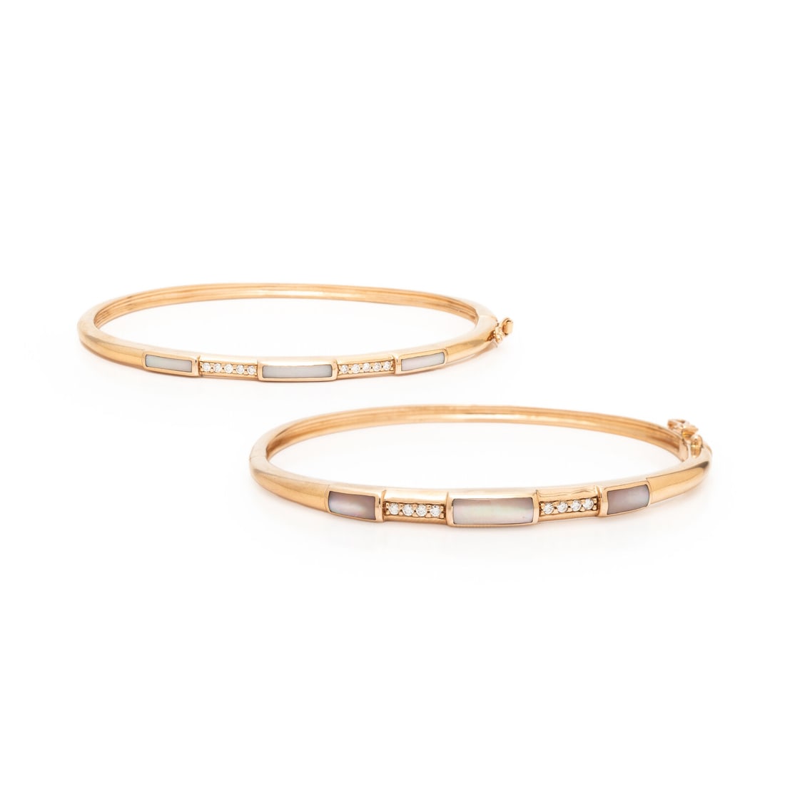 Kabana, Two Mother-of-Pearl, Diamond, and Rose Gold Bangle Bracelets: Kabana, Two Mother-of-Pearl, Diamond, and Rose Gold Bangle Bracelets Mother-of-pearl inlay, and round brilliant cut diamonds weighing approximately 0.30 carat total, hinged with a side clasp. 14 karat