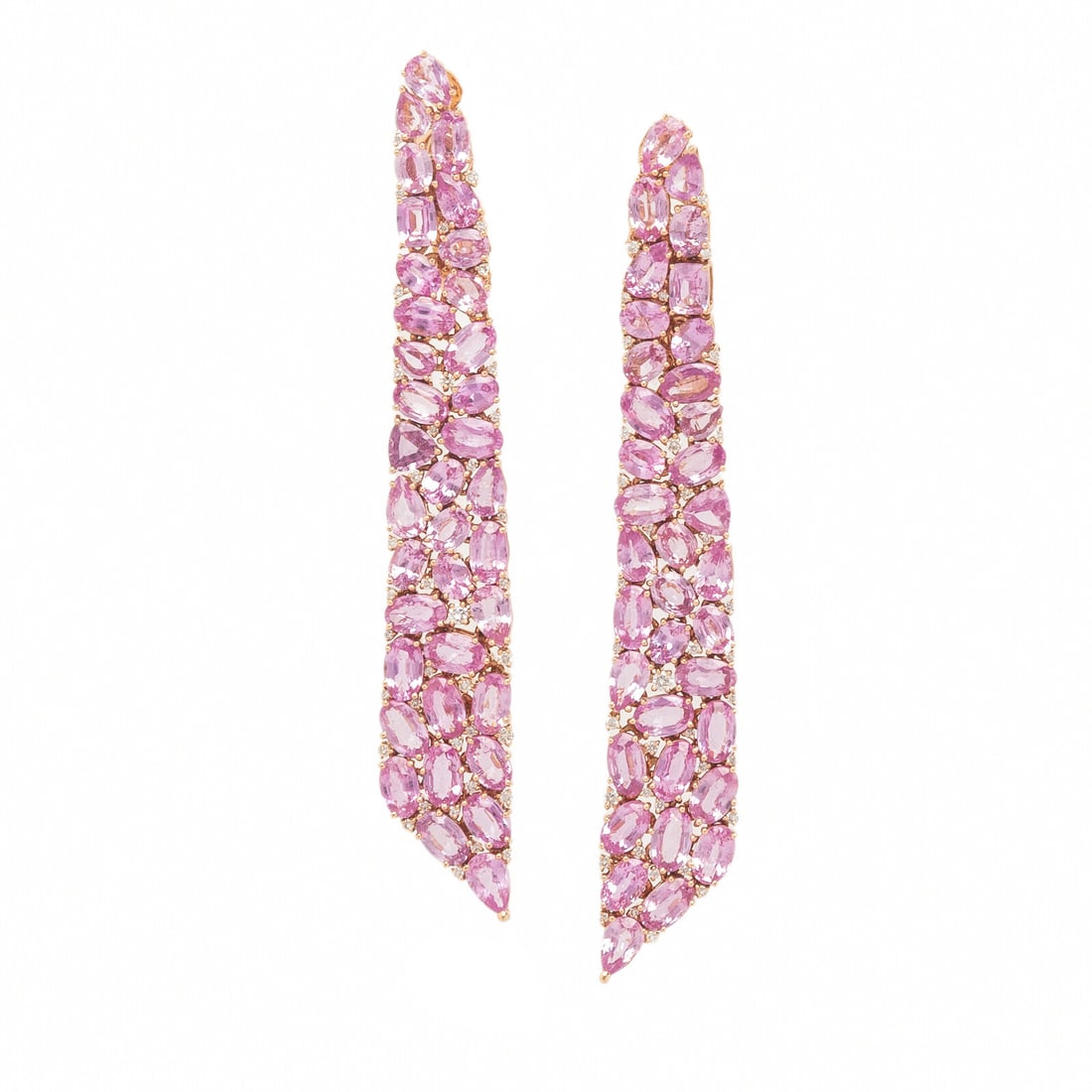 Sutra, Pink Sapphire, Diamond, and Rose Gold Earrings: Sutra, Pink Sapphire, Diamond, and Rose Gold Earrings Round brilliant cut diamonds weighing approximately 0.15 carats total, and oval and pear shape pink sapphires. 18 karat rose gold. 2 3/4 inches lo