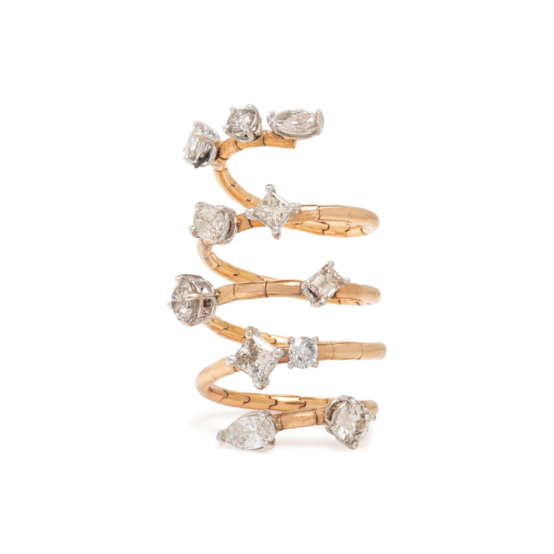 Diamond and Rose Gold Flexible Spiral Ring: Diamond and Rose Gold Flexible Spiral Ring Oval, pear shape, round brilliant, baguette, marquise, and princess cut diamonds weighing approximately 2.50 carats total. 18 karat rose gold. Ring size 6 - 