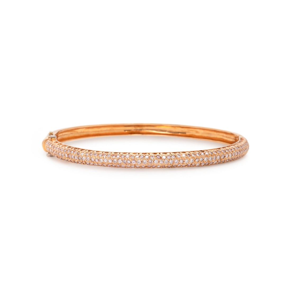 Élan, Rose Gold and Pink Diamond Bangle Bracelet: Élan, Rose Gold and Pink Diamond Bangle Bracelet Pavé-set with round brilliant cut pink diamonds weighing approximately 1.70 carats total (origin of color not tested), hinged with a side clasp. 18 k