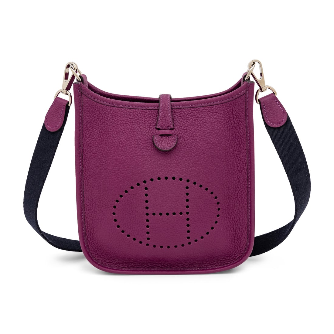 Hermès, Evelyne TPM 16 Bag in Anemone Clemence: Hermès, Evelyne TPM 16 Bag in Anemone Clemence Evelyne TPM 16 bag in Anemone Clemence leather with palladium-plated hardware. Snap tab closure and navy woven textile strap. Label: Hermès Stamp: A Da