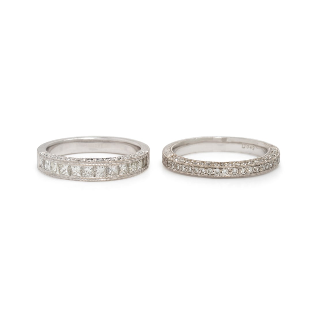 Two Diamond and White Gold Rings: Two Diamond and White Gold Rings One set with round brilliant cut diamonds weighing approximately 0.42 carat total, and one set with princess and round brilliant cut diamonds weighing approximately 1.