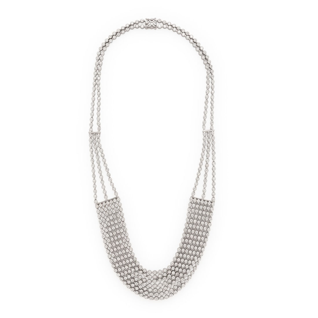 White Gold and Diamond Swag Necklace: White Gold and Diamond Swag Necklace Round brilliant cut diamonds weighing approximately 19.00 - 22.00 carats. 18 karat white gold. 20 3/4 inches long. Stamp: 18K. Gross weight: 60.85 dwt. Property of