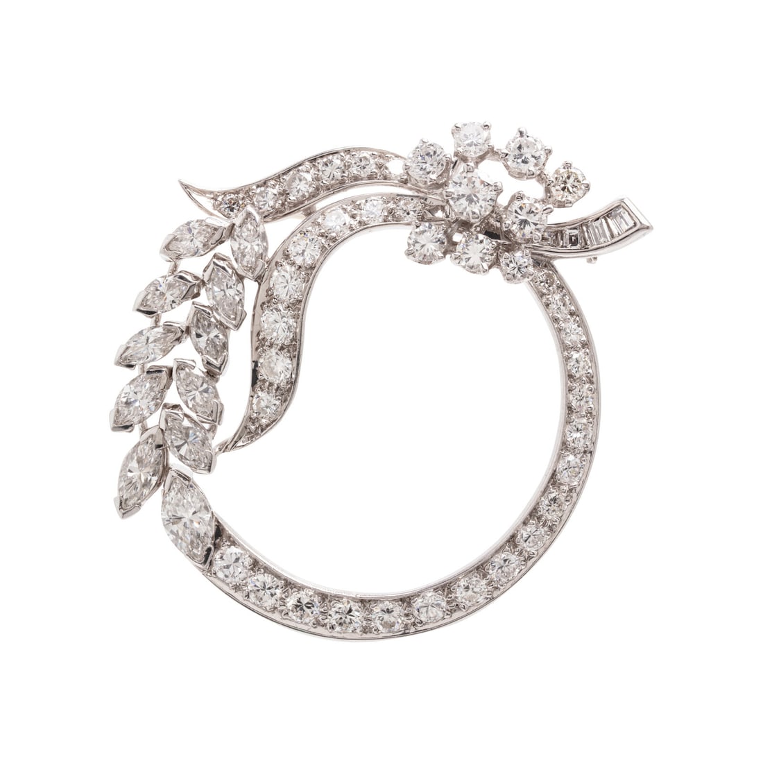 Diamond and Platinum Pendant Brooch: Diamond and Platinum Pendant Brooch Round brilliant, marquise, and baguette cut diamonds weighing approximately 5.80 carats total. Platinum. 1 3/8 x 1 3/8 inches. Stamp: (partially obscured) % IRID PL