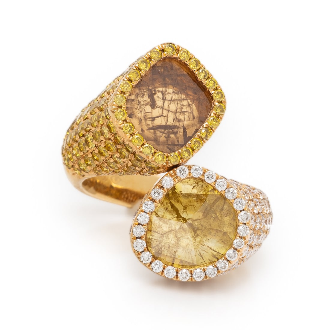 Hubert, Colored Diamond, Diamond, and Yellow Gold Bypass Ring: Hubert, Colored Diamond, Diamond, and Yellow Gold Bypass Ring Yellow diamond slice measuring approximately 8.60 x 8.10 mm, brownish-yellow diamond slice measuring approximately 8.40 x 7.30 mm, round b