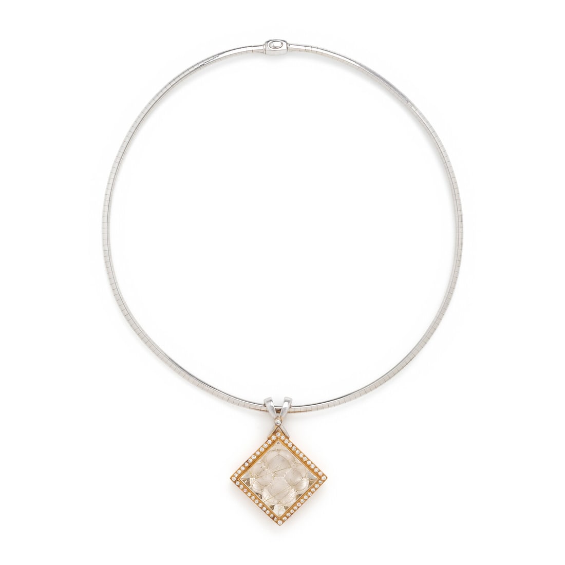 Rutilated Quartz, Diamond, and Bicolor Gold Pendant Necklace: Rutilated Quartz, Diamond, and Bicolor Gold Pendant Necklace The pendant set with a reverse-carved square rutilated quartz, round yellow sapphires, and round brilliant cut diamonds weighing approximat