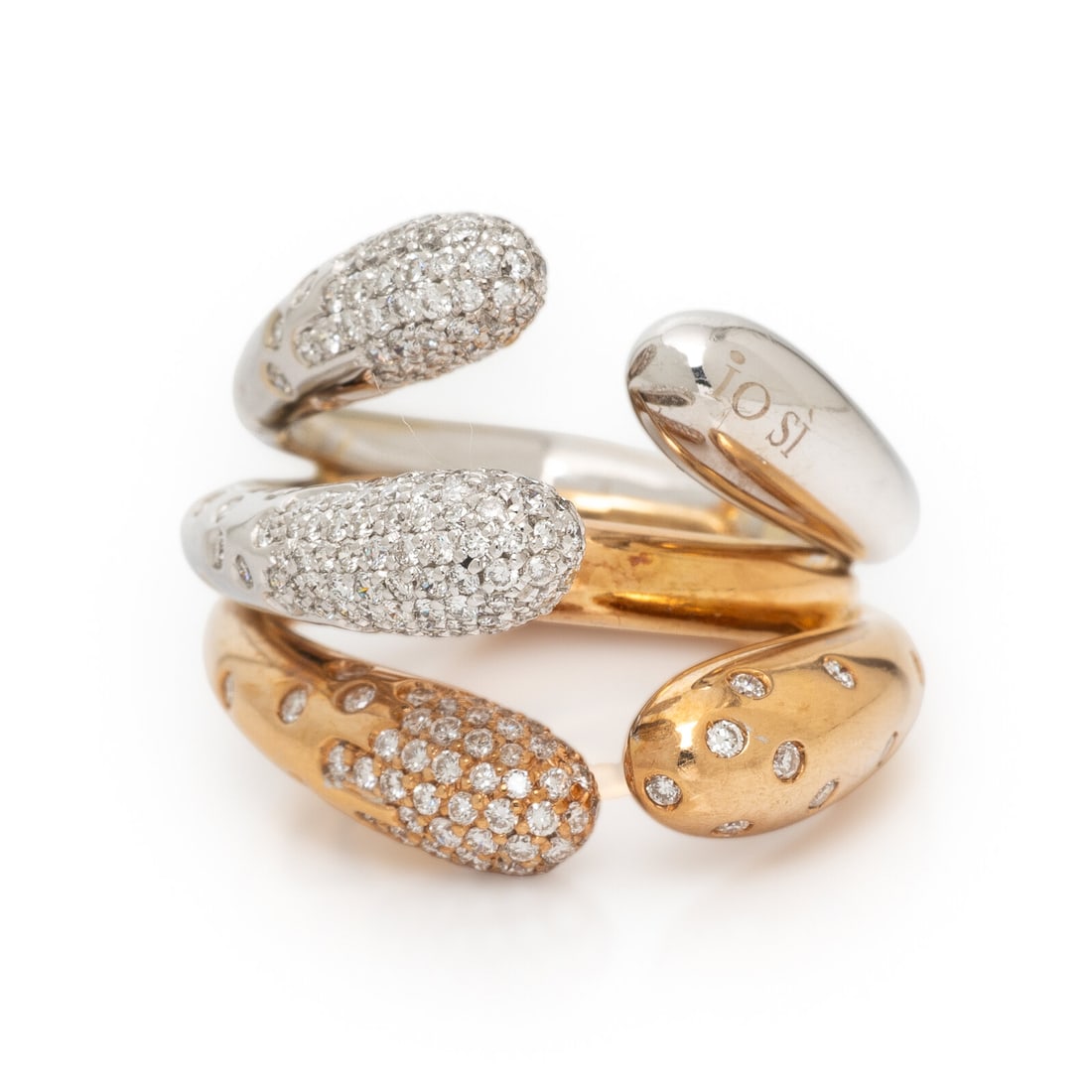 Io Sì, Diamond and Bicolor Gold Ring: Io Sì, Diamond and Bicolor Gold Ring Round brilliant cut diamonds weighing approximately 2.20 carats total. 18 karat rose and white gold. Ring size 6 1/4. Stamp: 750 io sÏ. Gross weight: 7.15 dwt. P