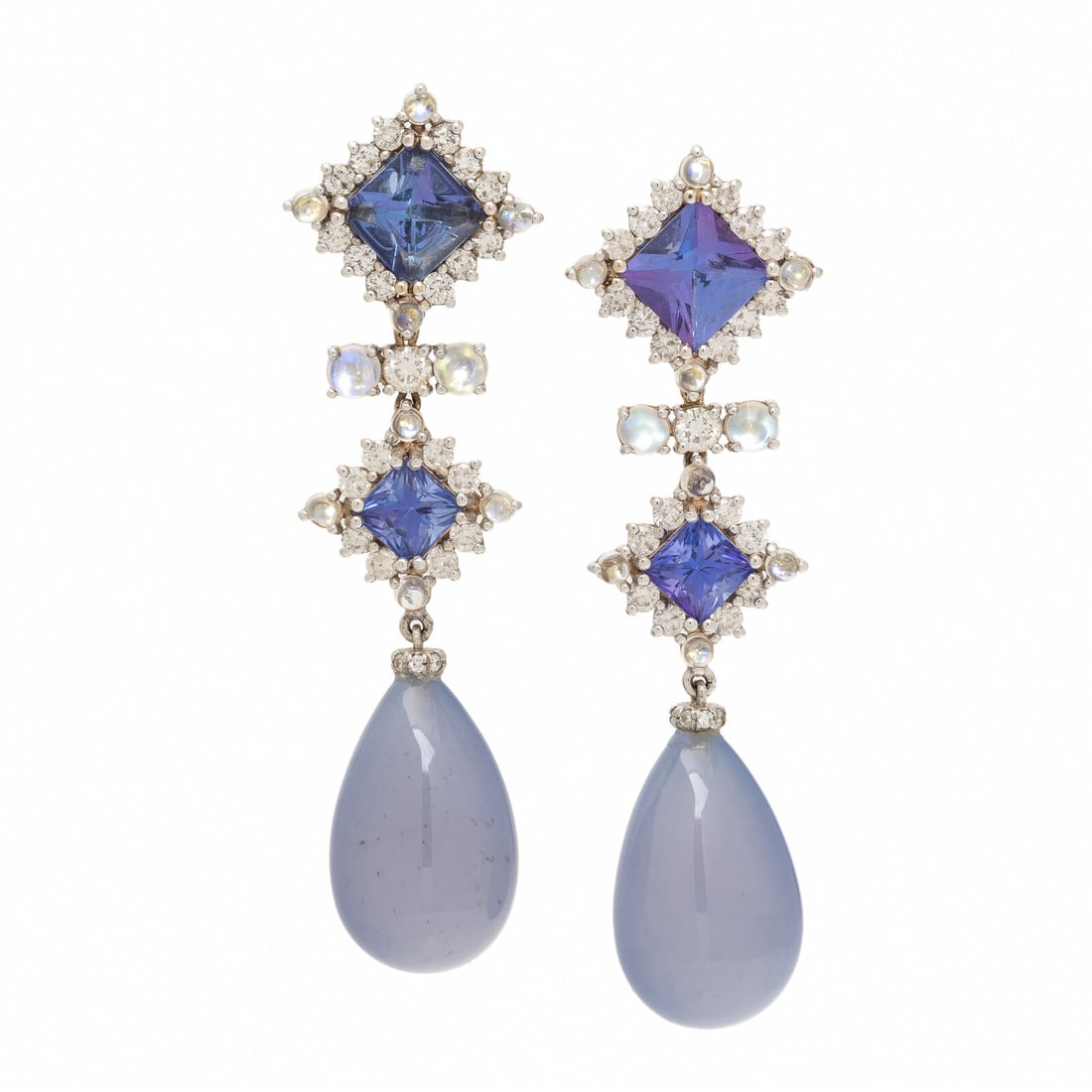 Tanzanite, Diamond, Moonstone, and Chalcedony Pendant Earrings (1 of 2)