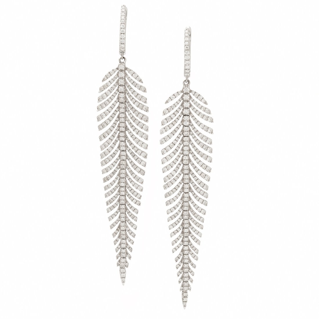 Diamond and White Gold Articulated Feather Earrings: Diamond and White Gold Articulated Feather Earrings Round brilliant cut diamonds weighing approximately 3.00 carats total. 18 karat white gold. 3 1/4 inches long. Stamp: 18K 750 15682. Gross weight: 1