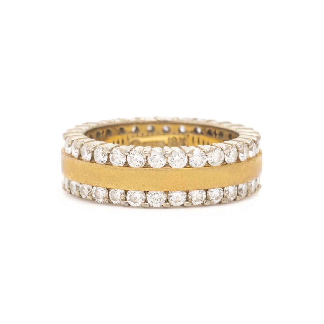 Diamond and Bicolor Gold Ring: Diamond and Bicolor Gold Ring Round brilliant cut diamonds weighing approximately 1.75 carats total. 18 karat white and yellow gold. Ring size 6 1/2. Stamp: Caressa 18K. Gross weight: 7.40 dwt. Proper
