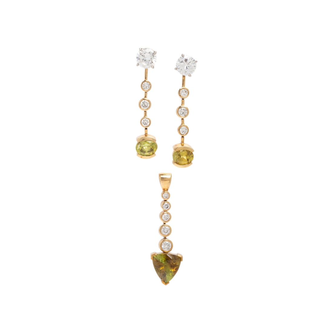 Collection of Sphene, Diamond, and Yellow Gold Jewelry: Collection of Sphene, Diamond, and Yellow Gold Jewelry Including a pair of cubic zirconia studs suspending detachable earring jackets set with oval sphene and round brilliant cut diamonds weighing app