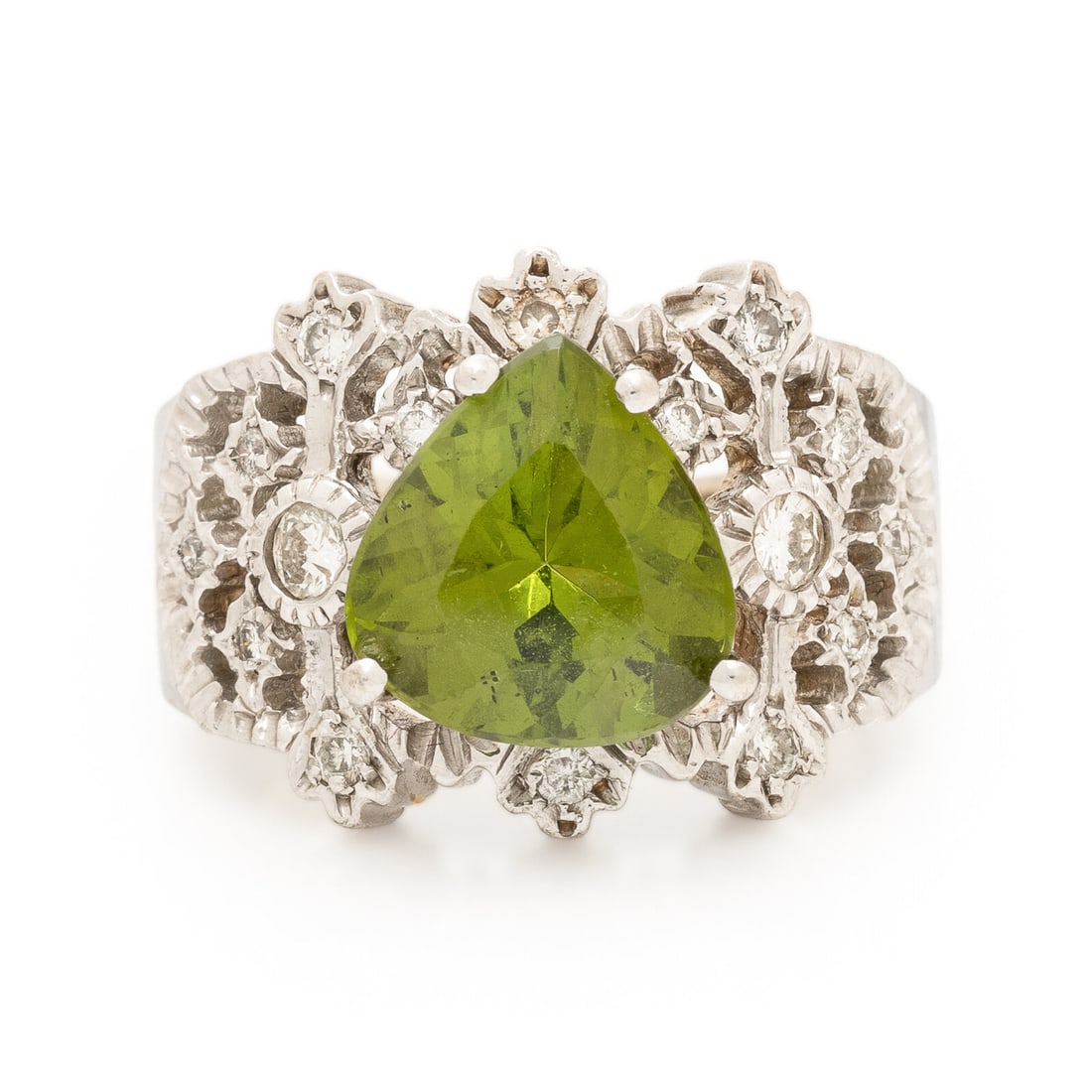 Hubert, Peridot, Diamond, and White Gold Ring: Hubert, Peridot, Diamond, and White Gold Ring Pear shape peridot weighing approximately 4.75 carats by formula, and round brilliant cut diamonds weighing approximately 0.30 carat total. 14 karat white