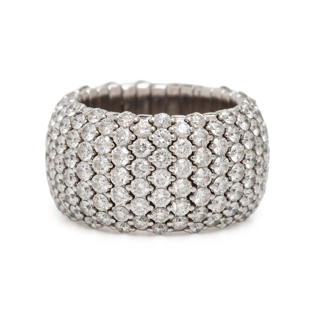 Zydo, Diamond and White Gold Flexible Ring: Zydo, Diamond and White Gold Flexible Ring Round brilliant cut diamonds weighing approximately 6.25 carats total. 18 karat white gold. Ring size 6 3/4. Stamp: ZYDO 750 (Italian maker's mark). Gross we