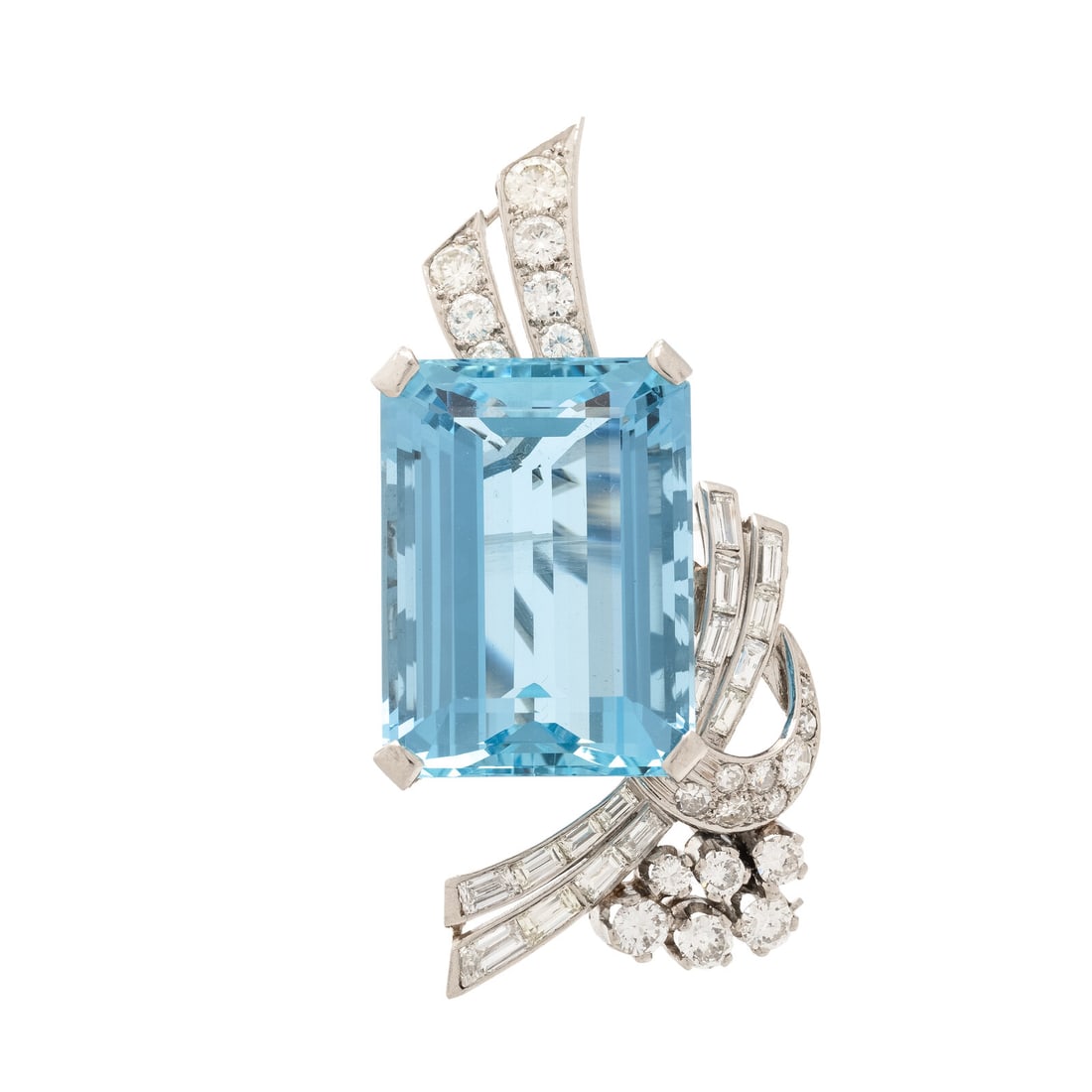 Aquamarine and Diamond Spray Brooch: Aquamarine and Diamond Spray Brooch Emerald cut aquamarine weighing approximately 39.00 carats by formula, and round brilliant and baguette cut diamonds 1.75 carats total. 2 inches long. Gross weight: